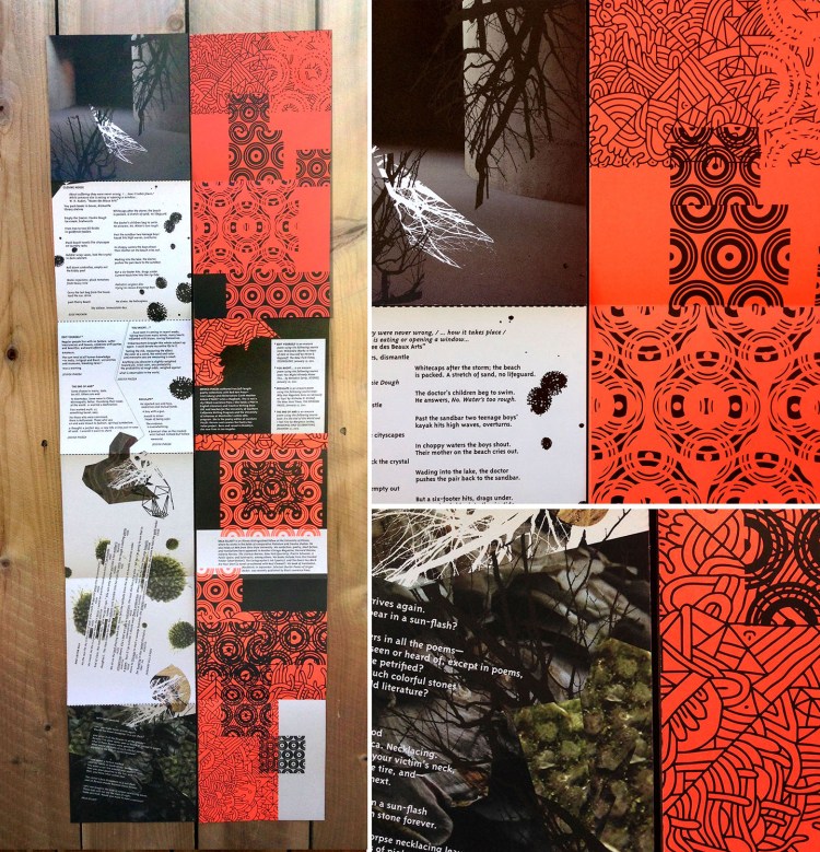 Close-up of second, "destruction" themed, booklet unfolded, front and back. The front contains experimental typography intersecting image and photographic collage. The back is printed with florescent red and black with illustrative textures and type.