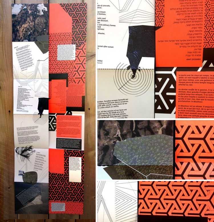 Close-up of forth, "sustaining" themed, booklet unfolded, front and back. The front contains experimental typography intersecting image and photographic collage. The back is printed with florescent red and black with illustrative textures and type.