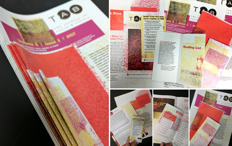 Three varying booklet sizes arranged in different ways to show the relationship between a textured graphics and a color palette that includes purple, yellow, coral, and black.