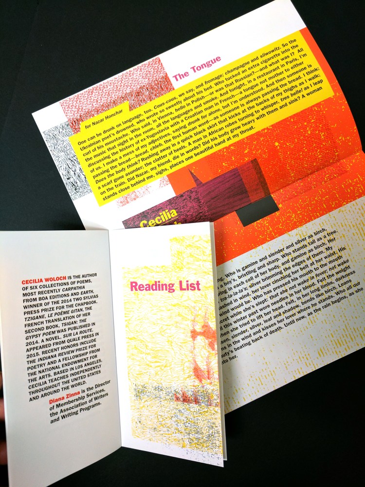 Sample of spread between two booklet sizes. A display of textured graphics and a color palette that includes purple, yellow, coral, and black.
