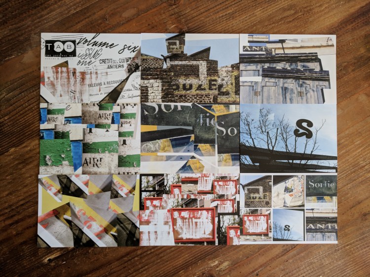 Nine postcards with poetry and writing laying in a grid on a table. Collage for individual cards use photography provided by Damien Gautier.