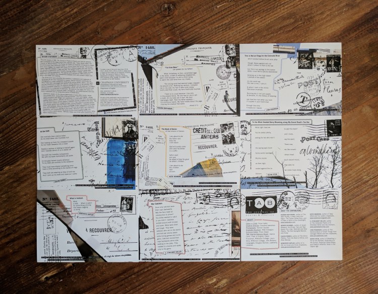 Nine postcards with poetry and writing laying in a grid on a table. Grunge, cut edges, and vintage postage marks with peeps of color are seen throughout.