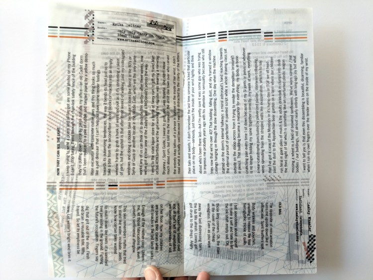 Sample spread being held in hand. Full color, printed on velum, transparent paper.