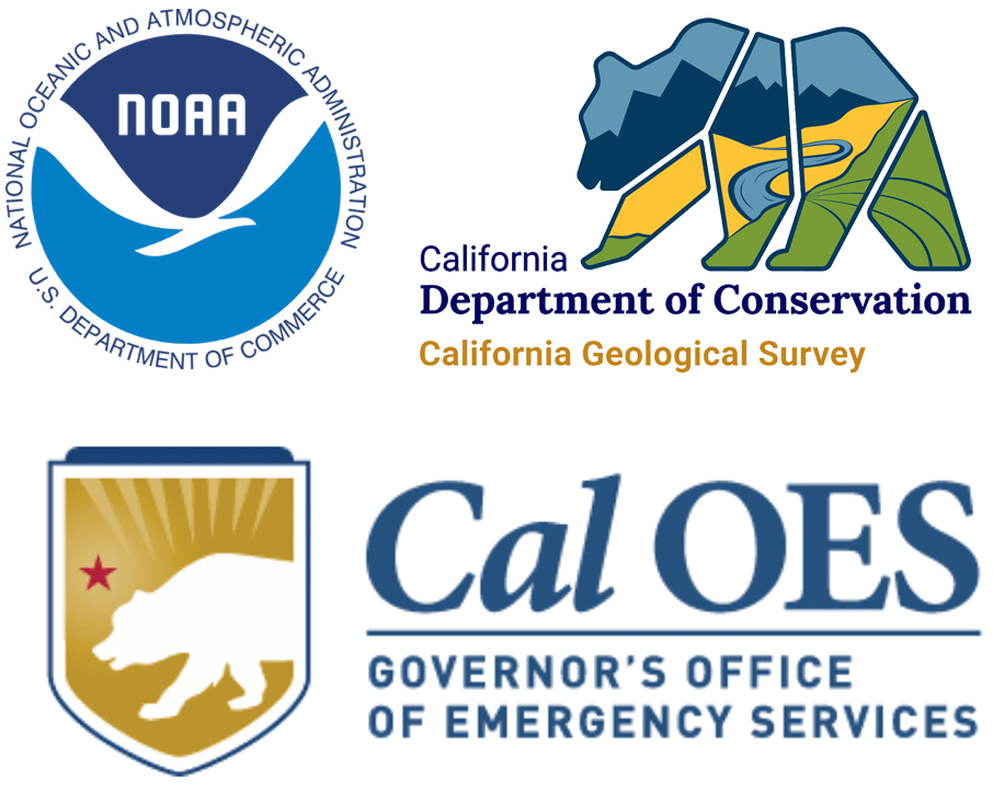 Logos for NOAA, California Office of Emergency Services, and California Geological Survey.