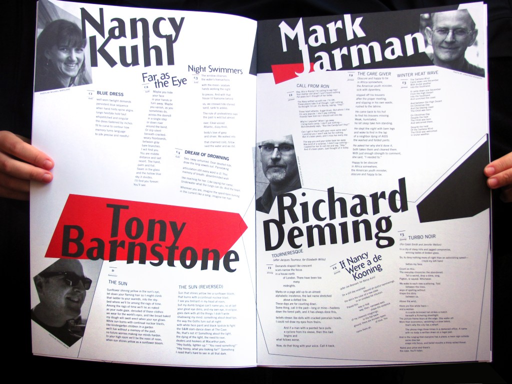 Sample spread with big shapes of red and black with angled type grid