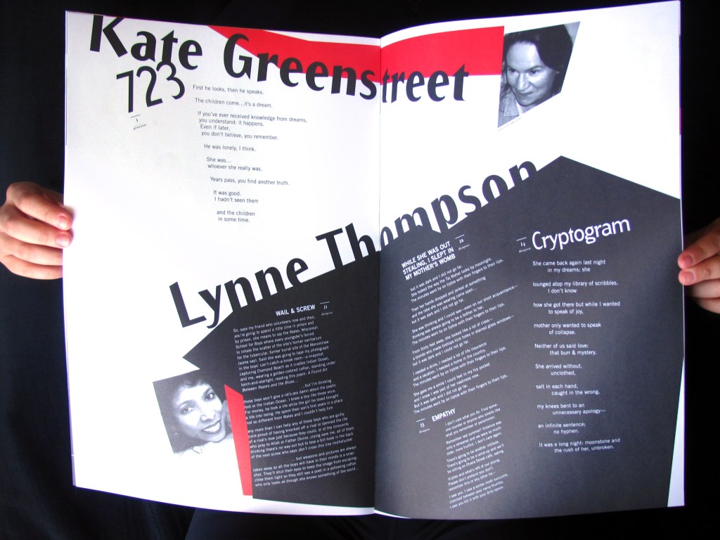 Sample spread with big shapes of red and black with angled type grid