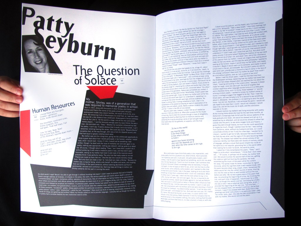 Sample spread with big shapes of red and black with angled type grid