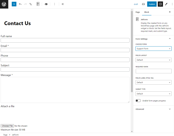 jetform block in the wordpress block editor