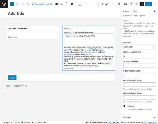 number value type for the calculated field