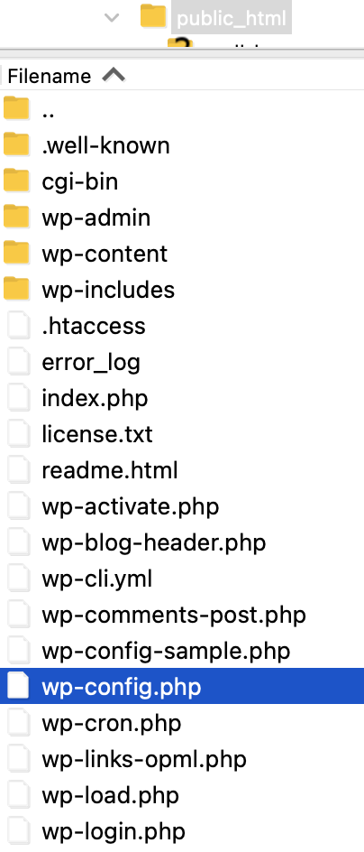 list of core files and folders, with wp-config.php selected