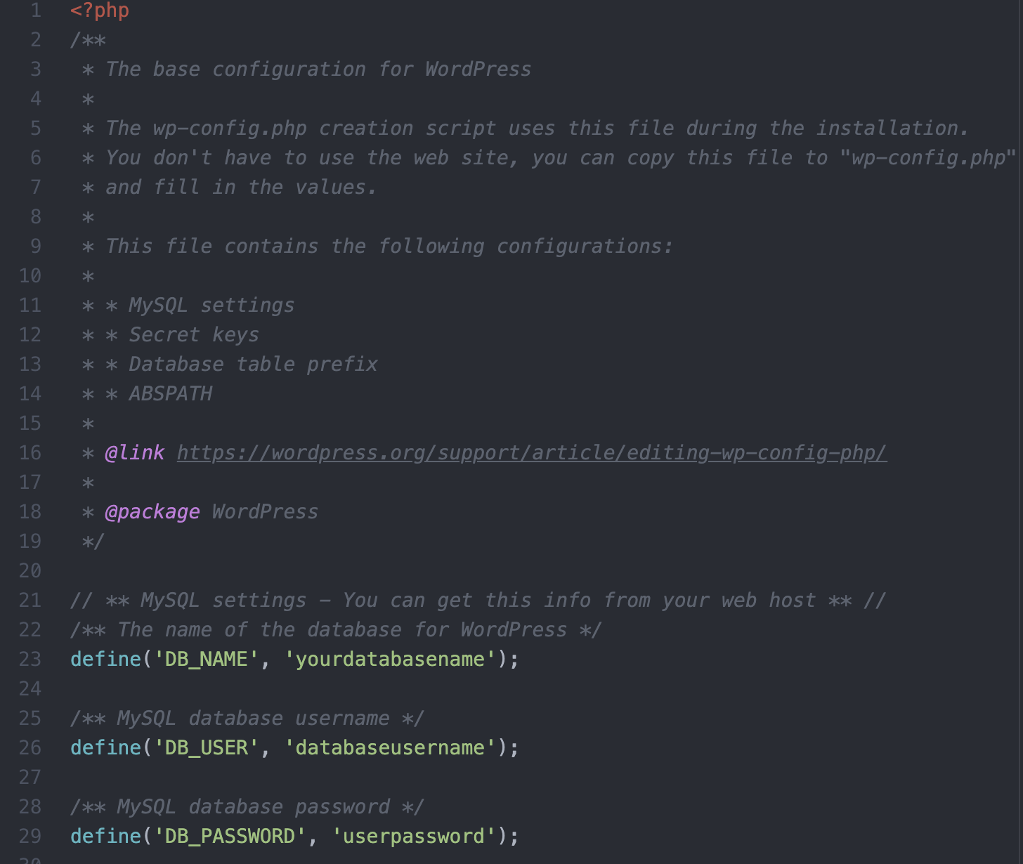 content of the wp-config.php file