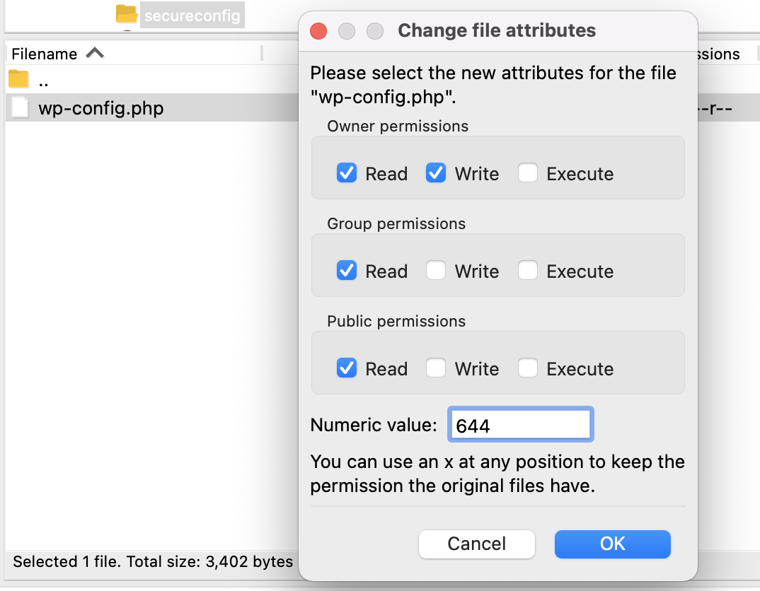 setting file permissions to 644