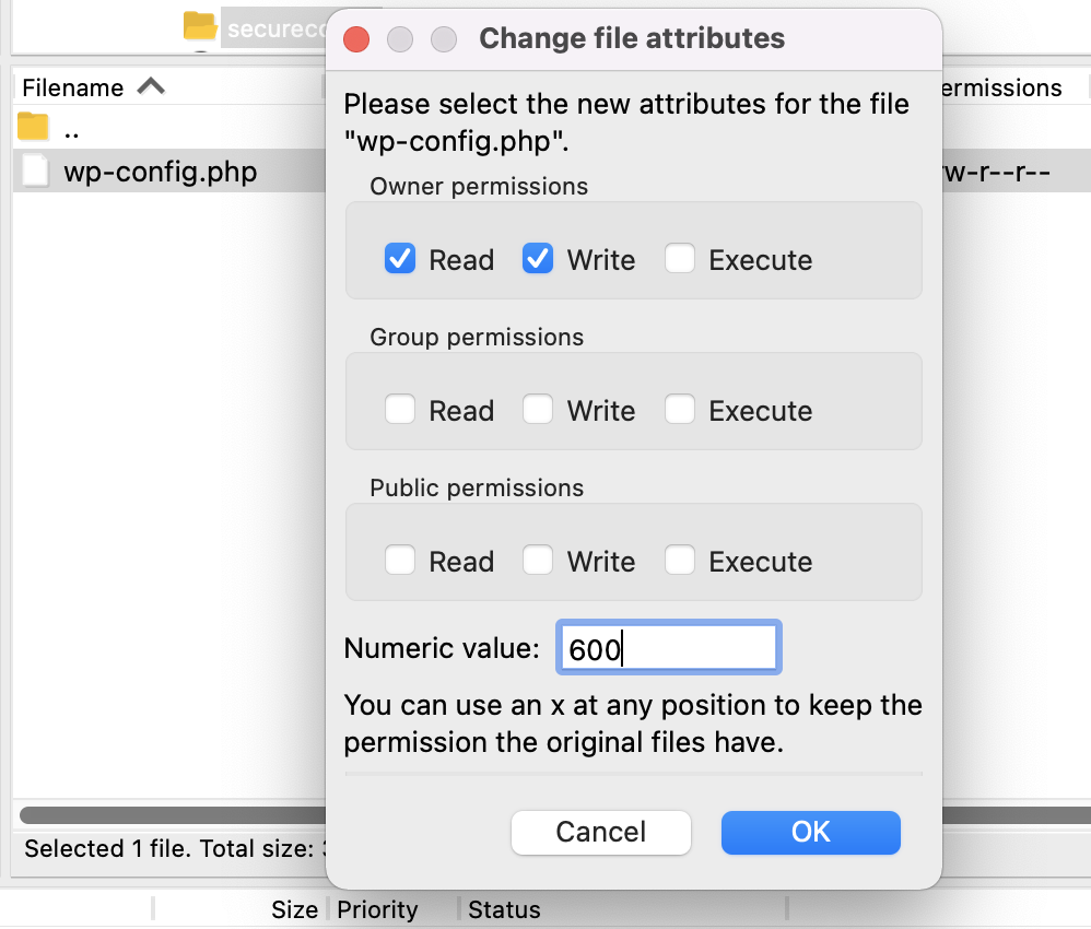 changing file permissions to 600
