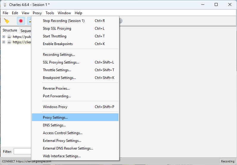Select Proxy Settings... under the Proxy Menu