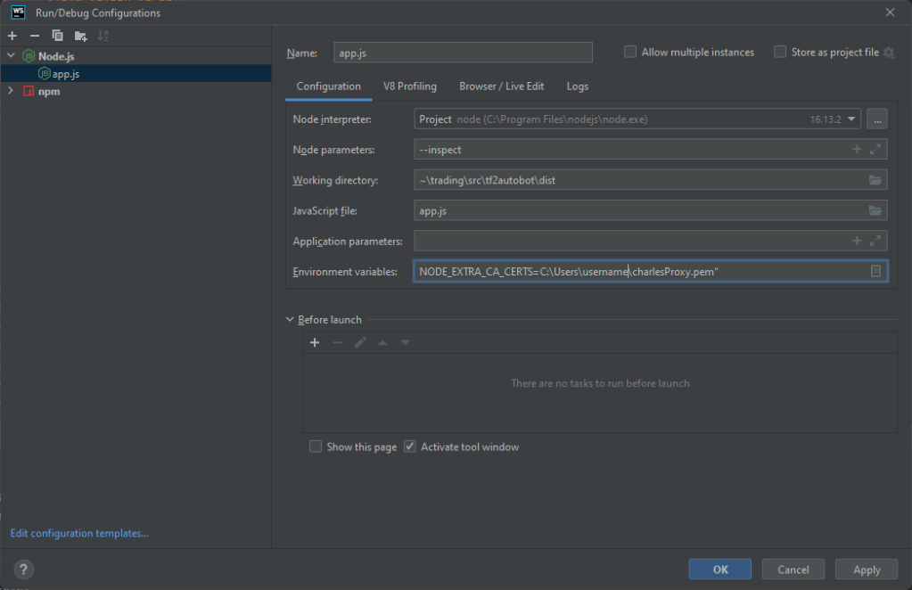 Setting NODE_EXTRA_CA_CERTS in the Run configuration for the bot.