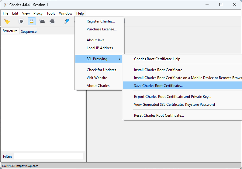A picture of the Charles Proxy v4.6.4 program running on Windows and how to save the root certificate. There are seven main menu items: File, Edit, View, Proxy, Tools, Window, and Help. The Help Menu is selected. Within the Help Menu SSL Proxying is selected. Within the SSL Proxying menu, Save Charles Root Certificate is selected.