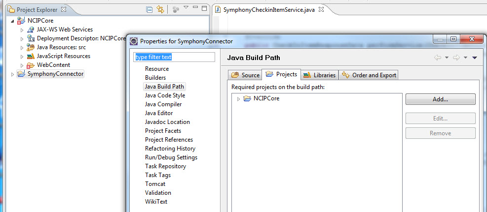 Figure 11. Adding the NCIPCore project to the build path of the Symphony Connector project
