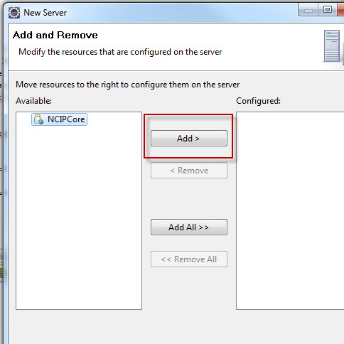 Figure 5. Add the NCIPCore project to the Tomcat server