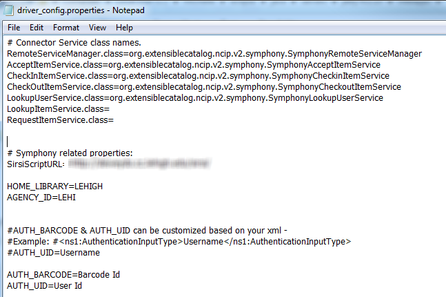 Figure 9. driver_config.properties file for the Symphony connector