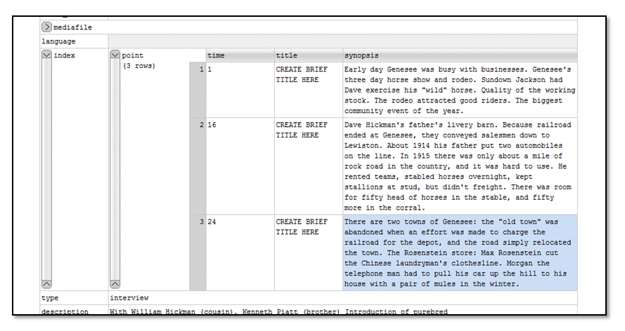 Screenshot from oXygen editor of XML file looking at a point (timestamp, title, synopsis), created by students.