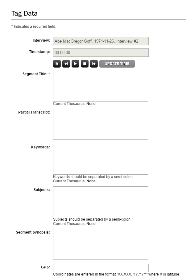 Forms for filling out an index section via OHMS online application
