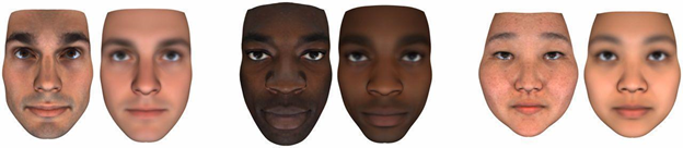 Figure 4. Actual faces, left, and ML facial reconstructions from genomic data, right (Lippert et al. 2017, fig. 2)