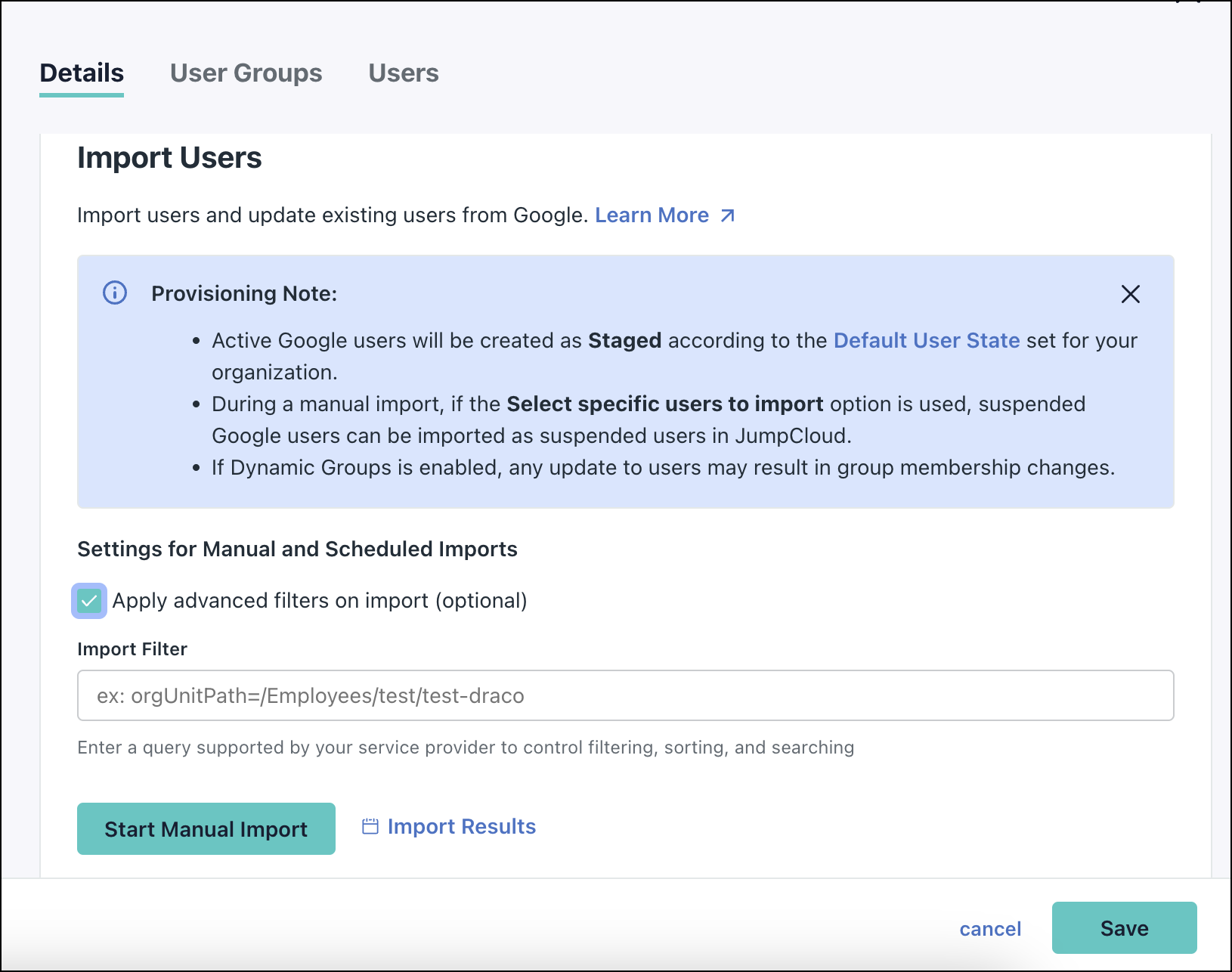 A screen showing Details tab for a Google Workspace directory.