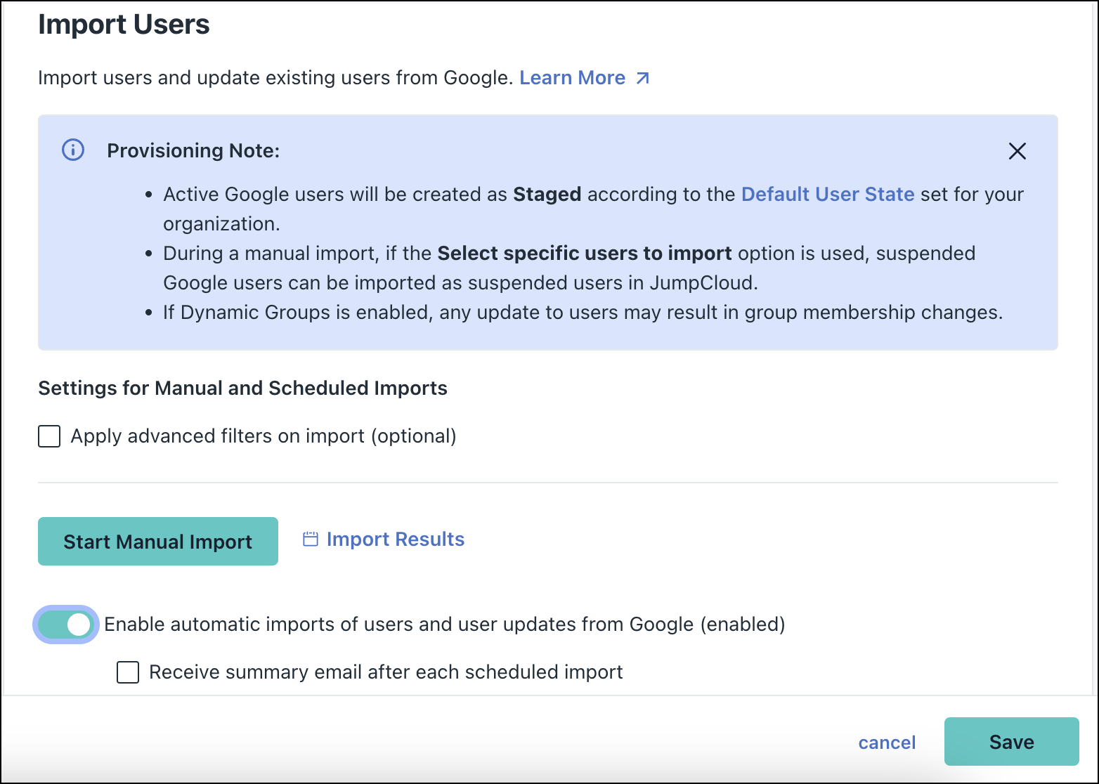 Import Users screen in Cloud Directories on JumpCloud admin portal.