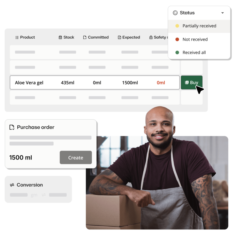 Purchasing widgets including stock row, purchase order card, and status selector to balance supply with demand and avoid overstocking