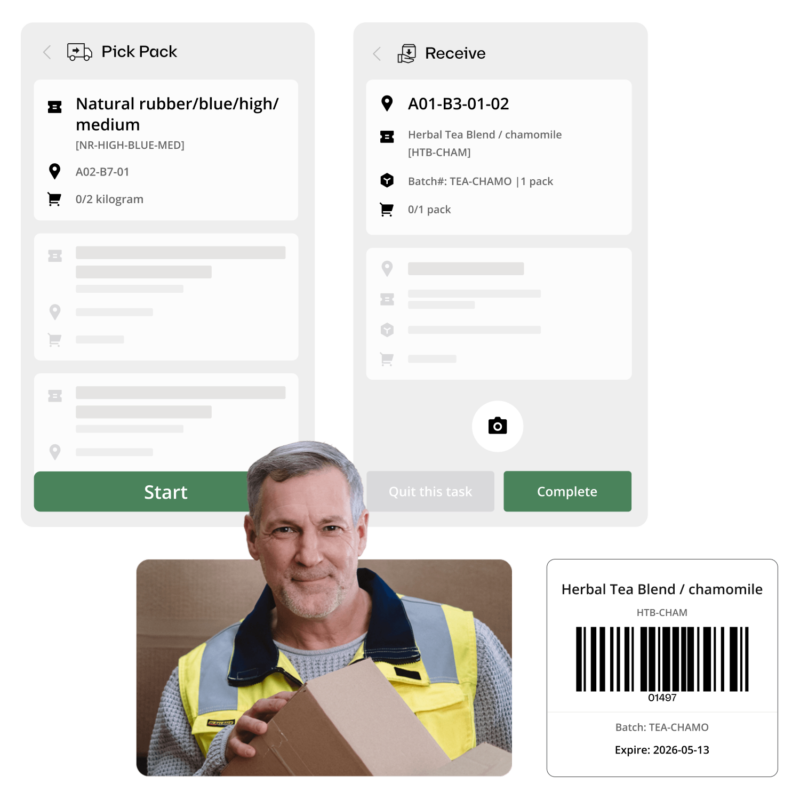 Katana warehousing UI elements showing stock table, purchase order widget, and status menu to manage receiving, picking, and packing