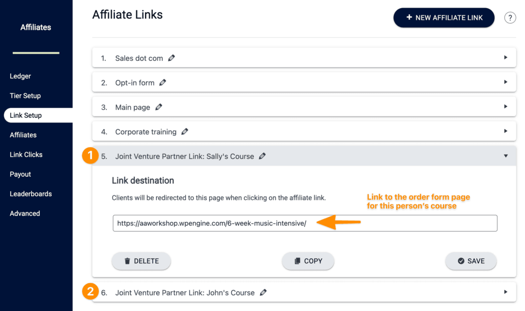 Screenshot of links for order forms