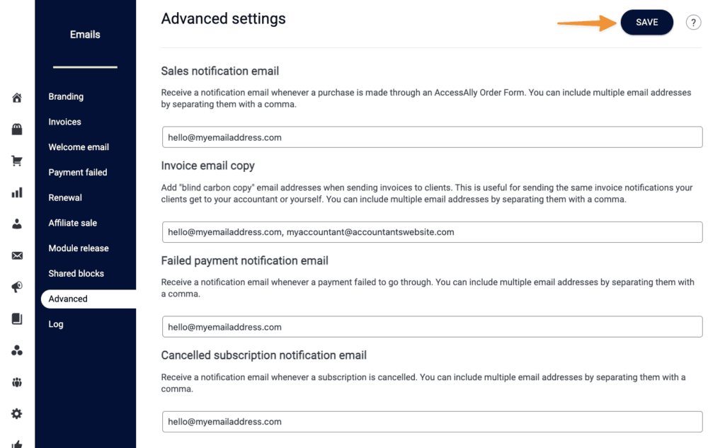 Admin email notification settings