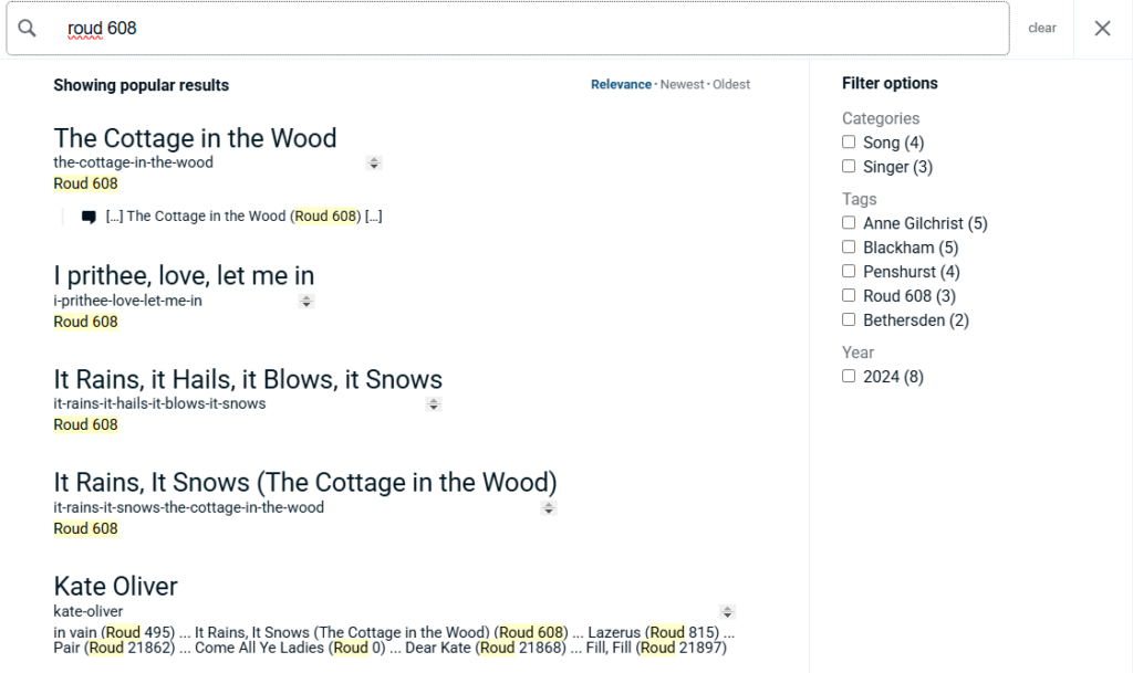 Screenshot of a search by Roud number