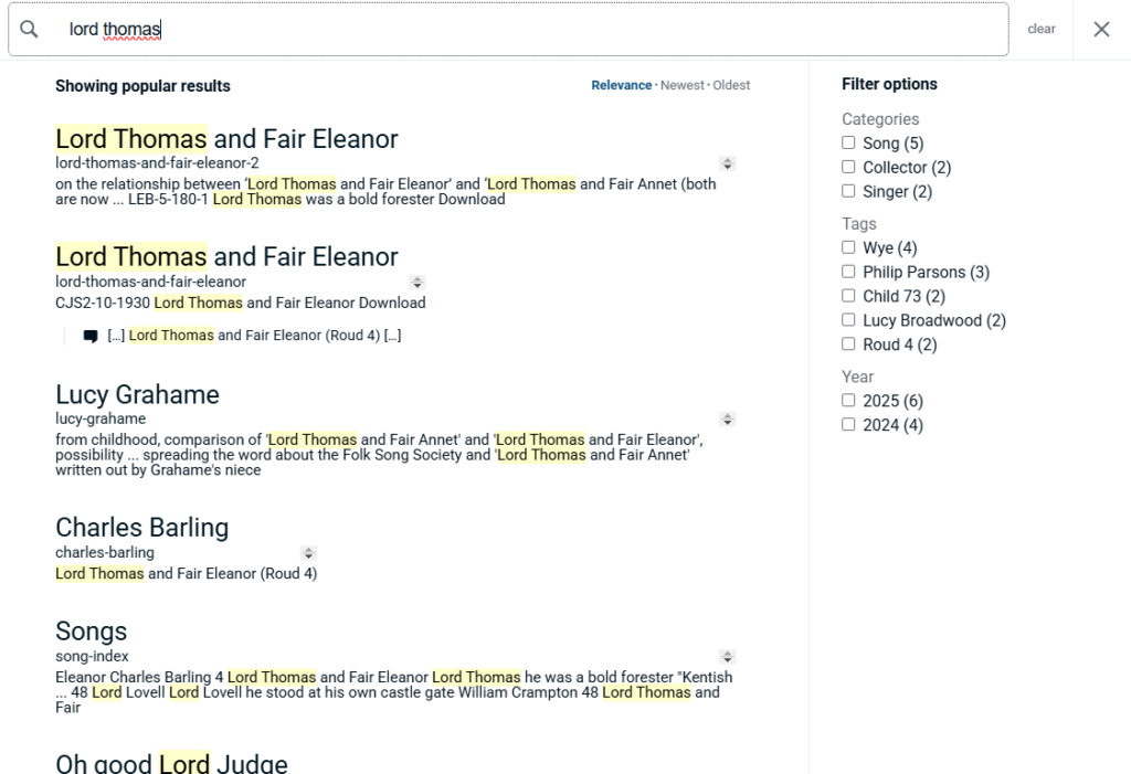 Screenshot of a search by song title