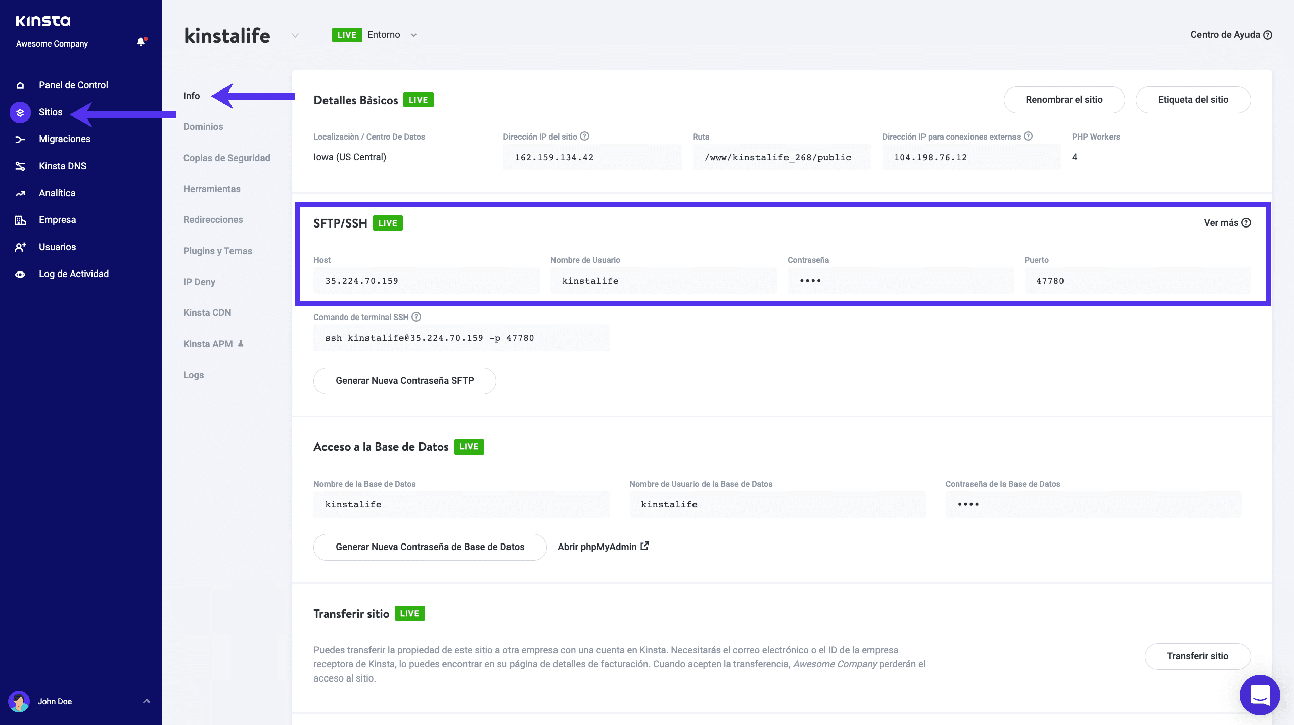 Credenciales FTP en MyKinsta