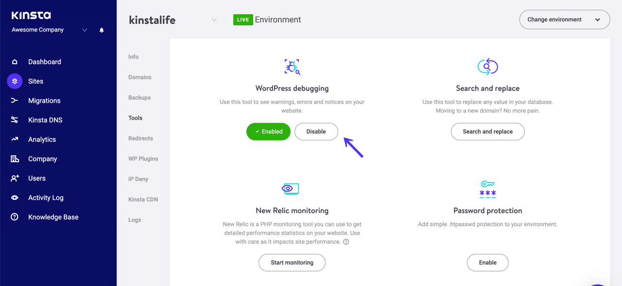Hoe schakel je de WordPress debug modus uit in MyKinsta