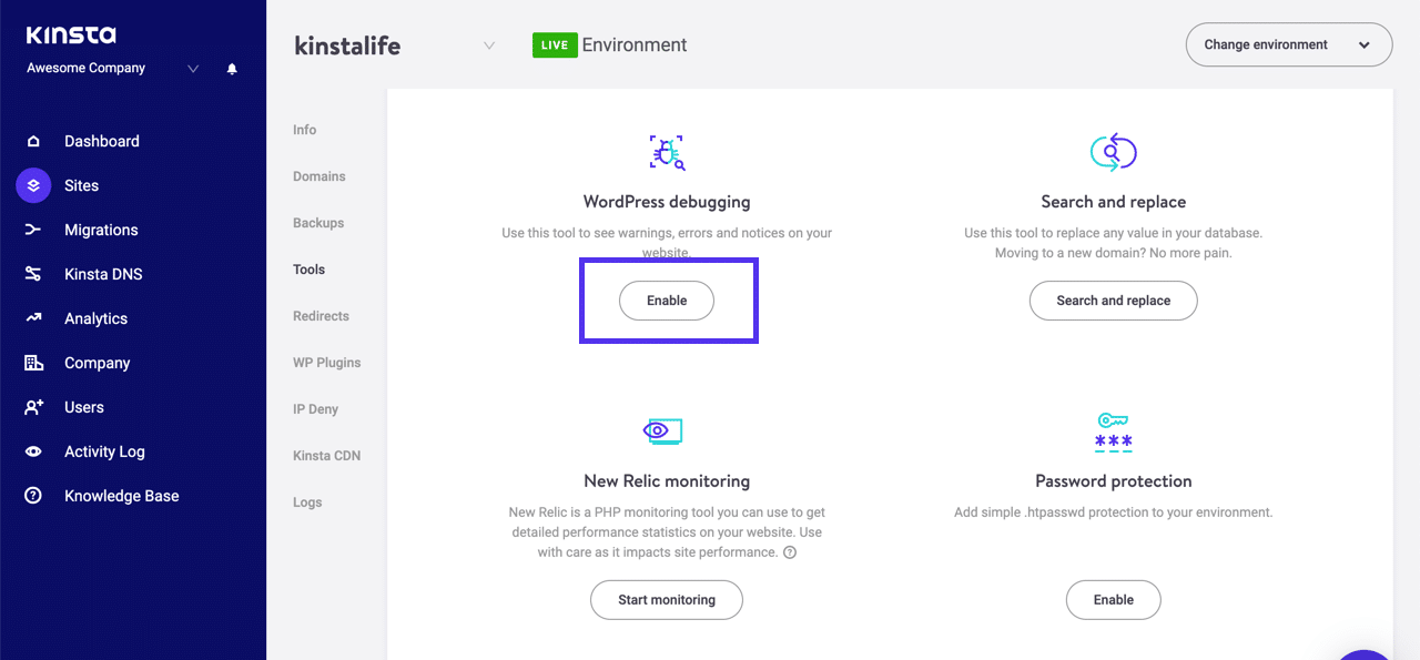 Hoe schakel je WordPress debug modus in in MyKinsta