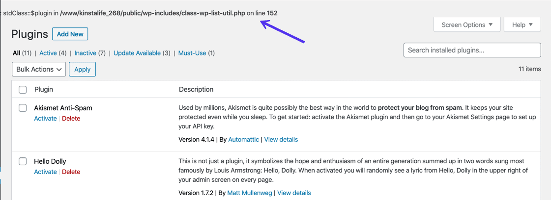 WP_DEBUG voorbeeld van fout op WordPress site