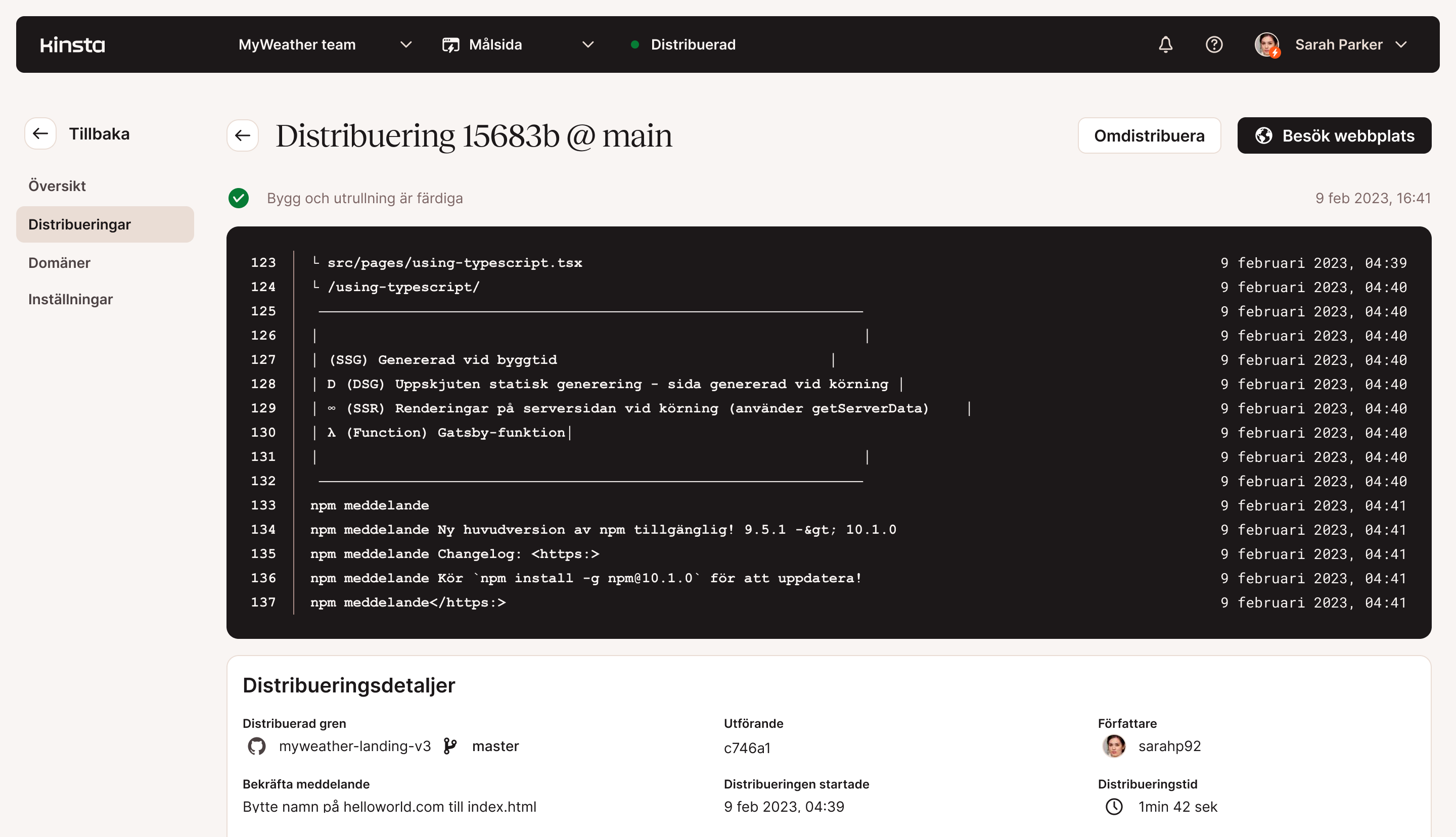 MyKinsta skärmdump som visar statisk webbplatsdistribution