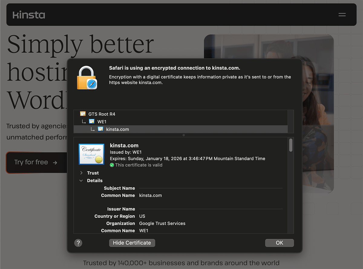 A screenshot showing the details of an SSL certificate in the Safari browser.
