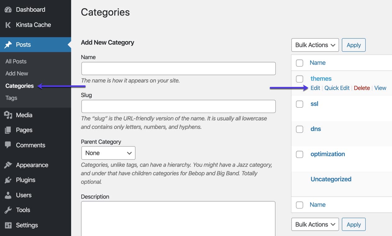 Modifier les catégories de WordPress.