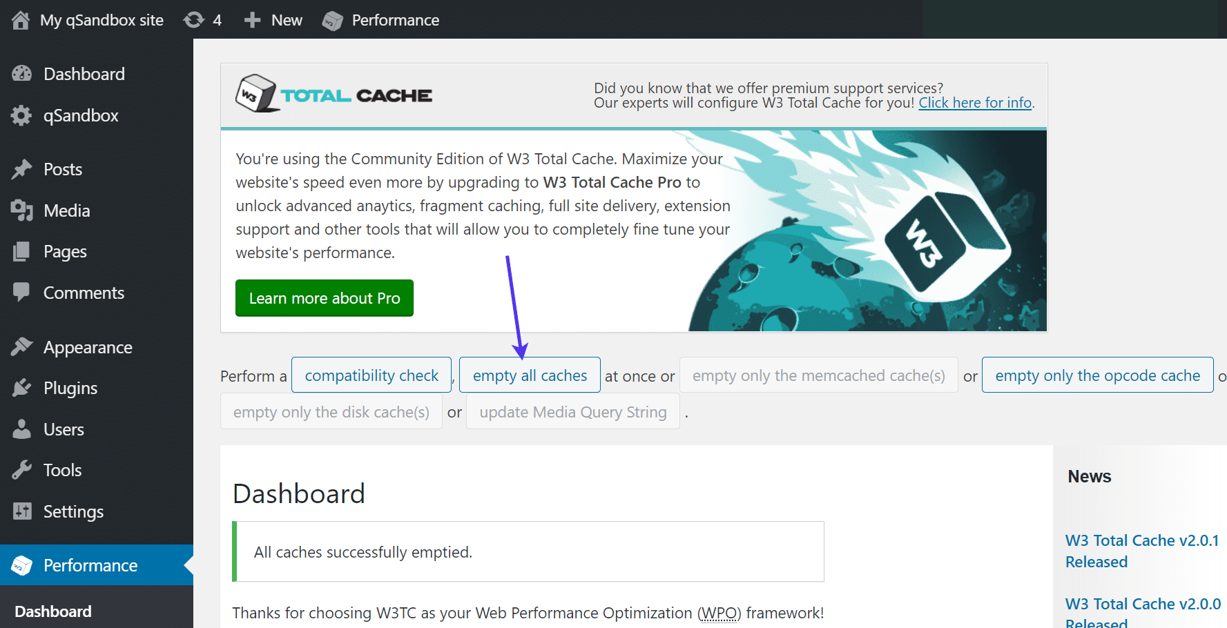 Cliquez sur le bouton Vider tous les caches pour purger le cache de WordPress