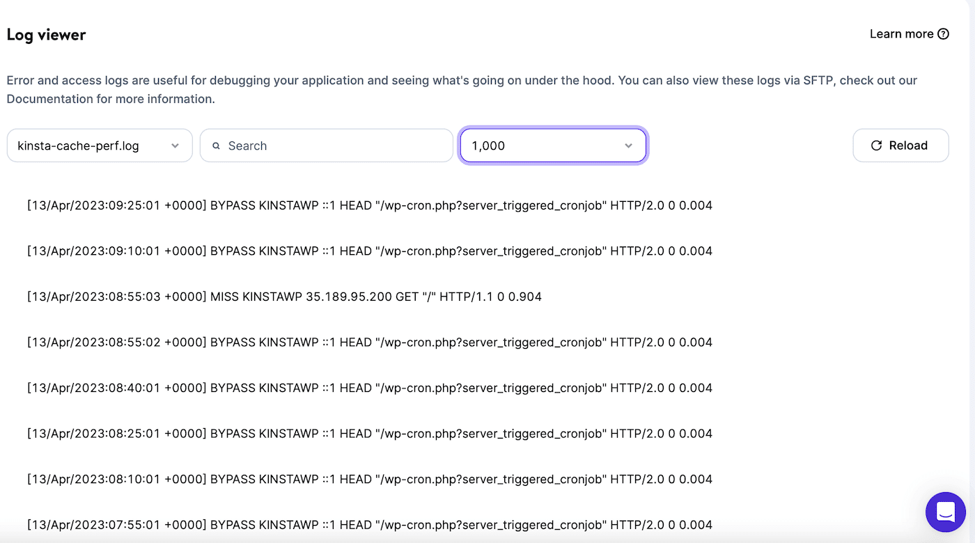 View all the errors and requests on your site with the MyKinsta Log viewer