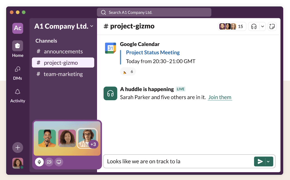 A mockup of a Slack app window. It shows a team collaboration app interface for
