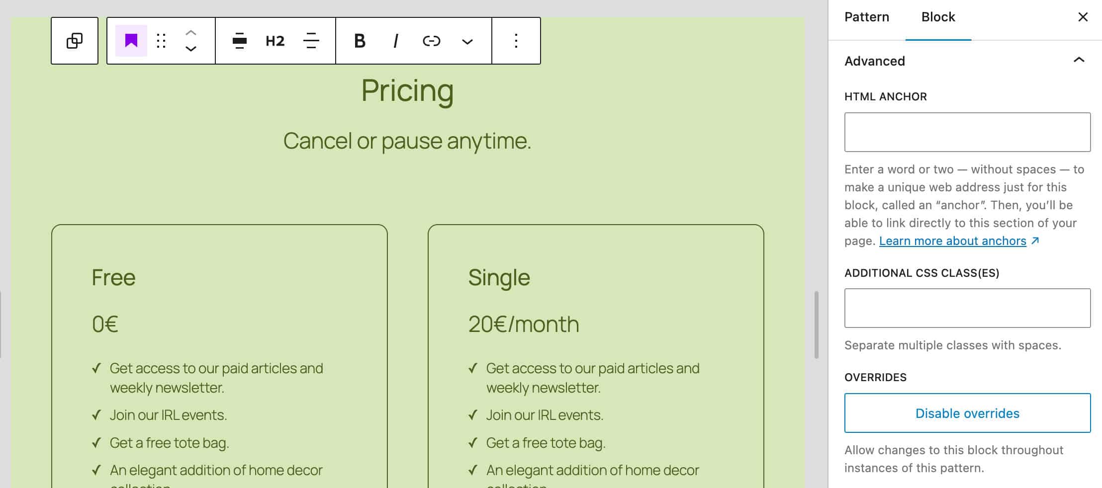 Once enabled, you can disable pattern overrides