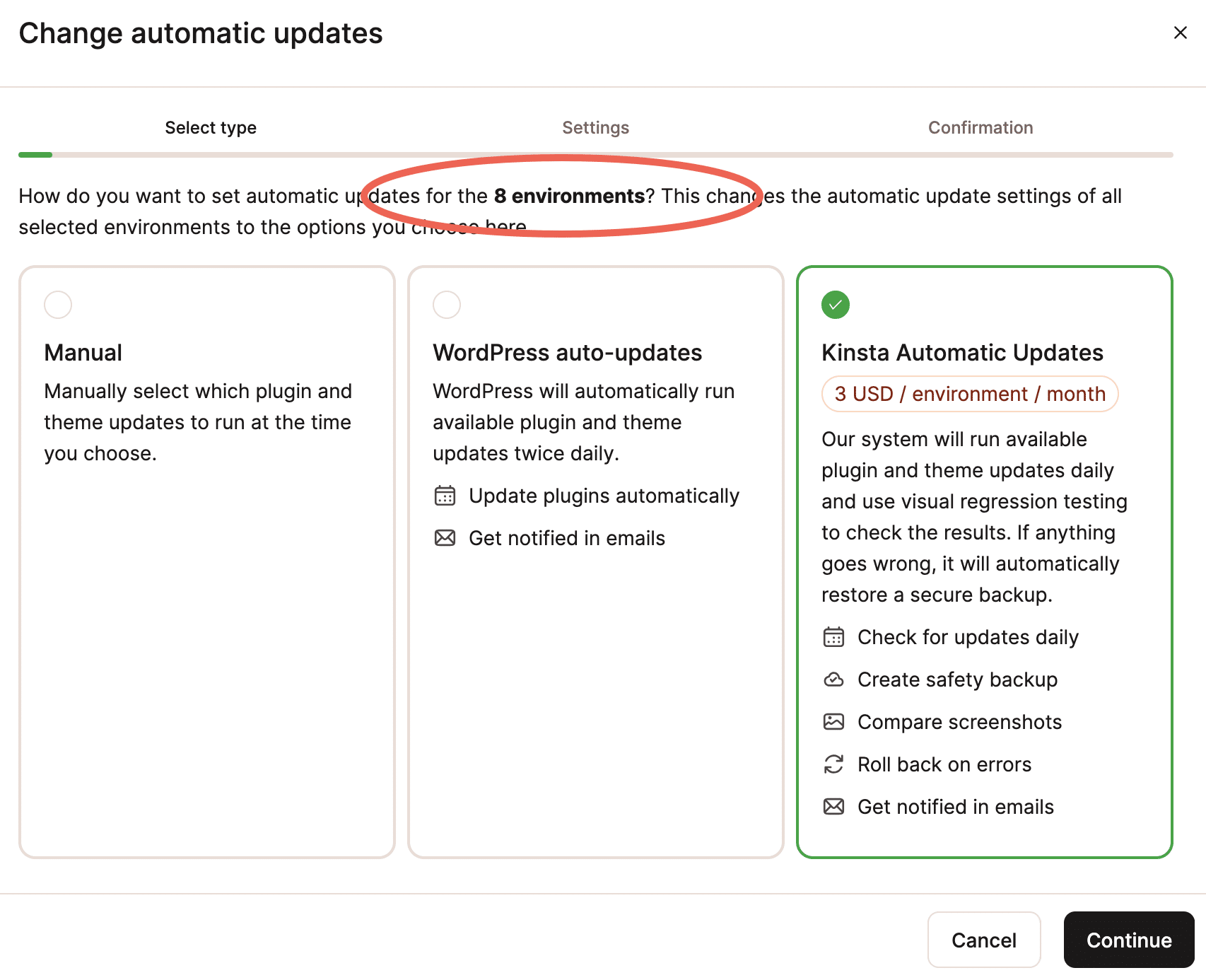 Screenshot showing Change automatic updates dialog when multiple WordPress environments have been selected.