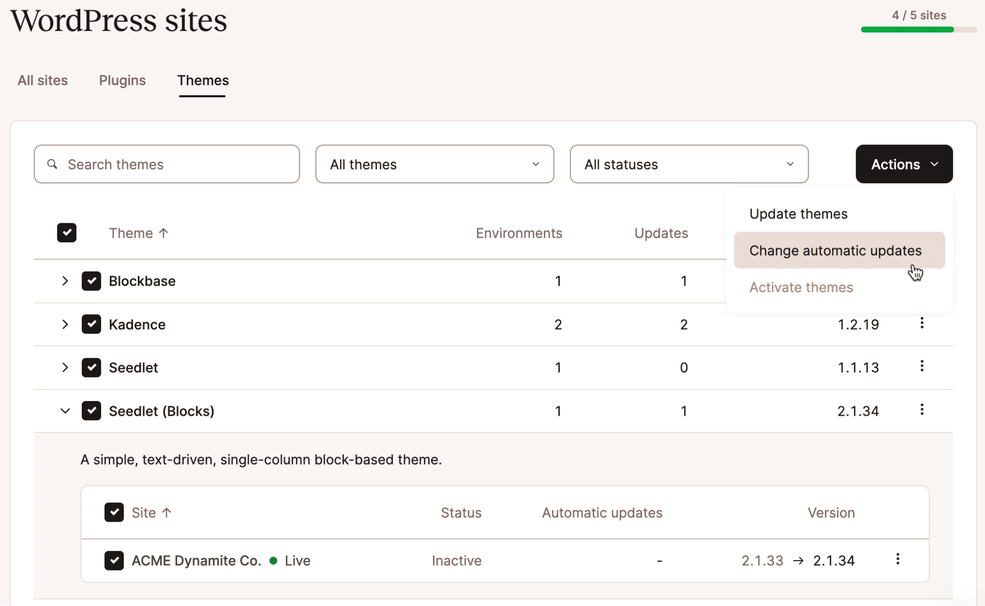 Screenshot showing a list of WordPress themes selected and the user choosing Change automatic updates from a drop-down menu.