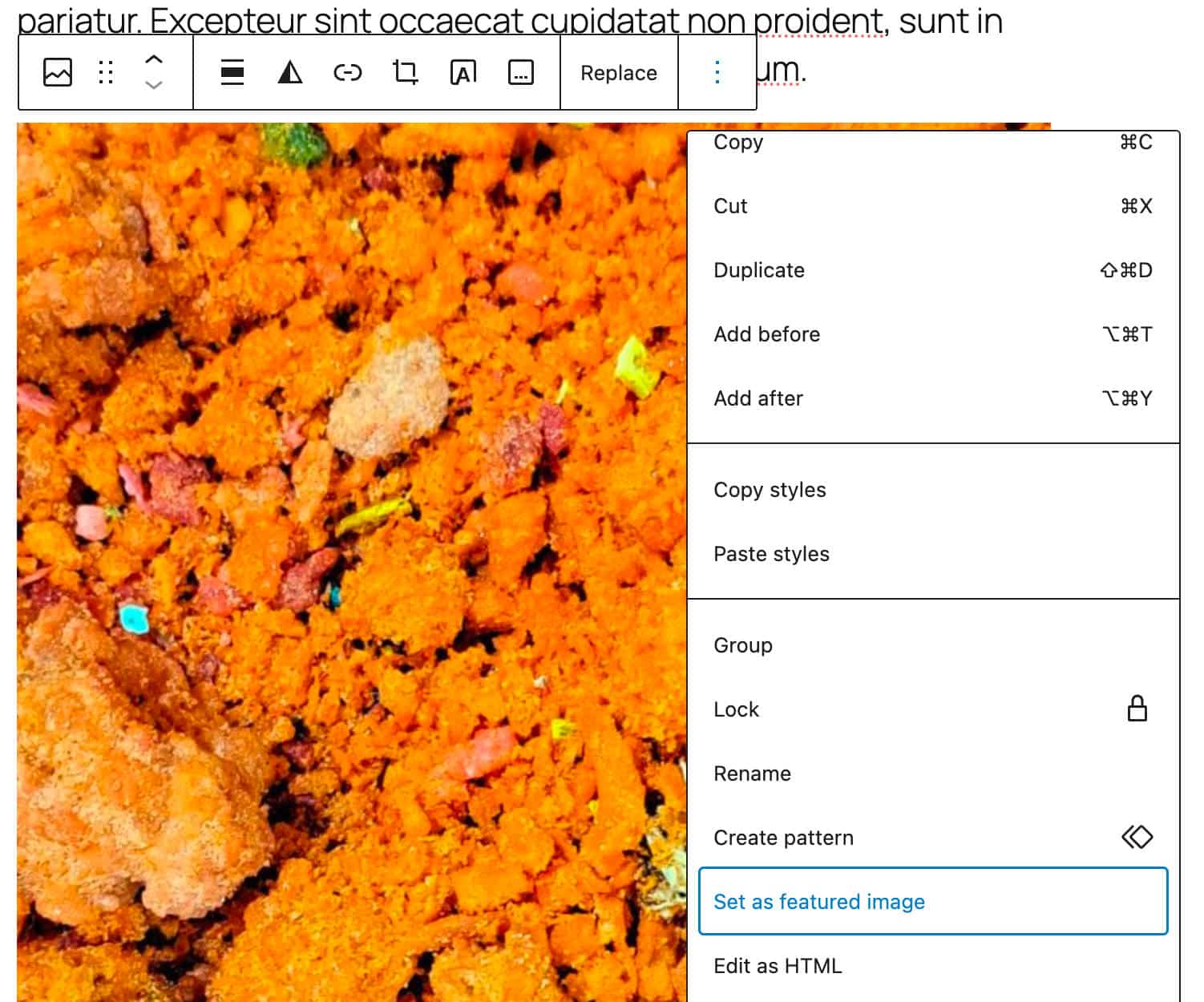 Setting an image as featured from the block toolbar dropdown