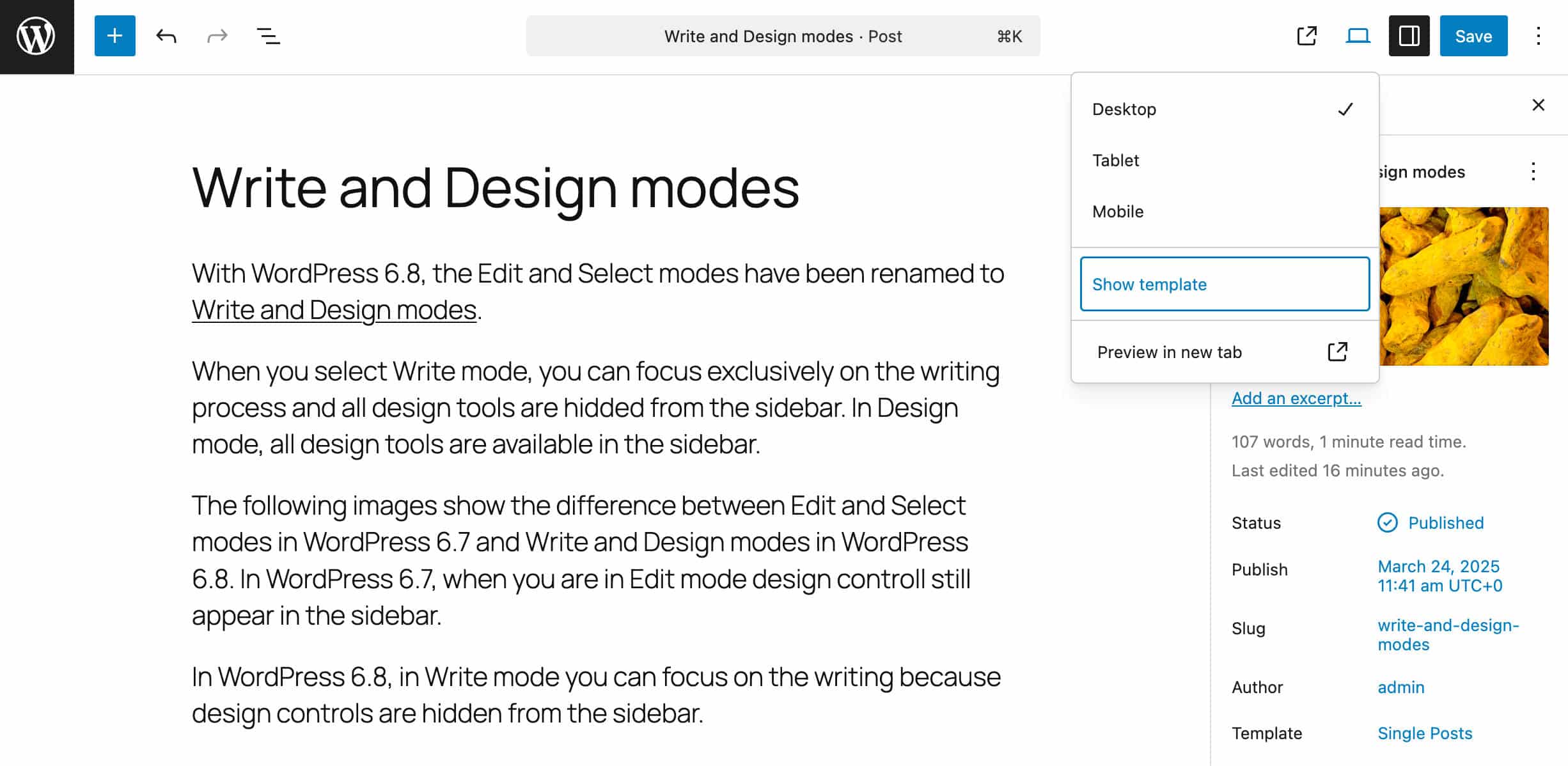 A Show template toggle has been added to the editor's top sidebar