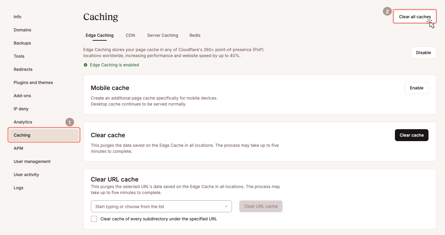 Cliquez sur le bouton Sites pour vider le cache de WordPress dans Kinsta